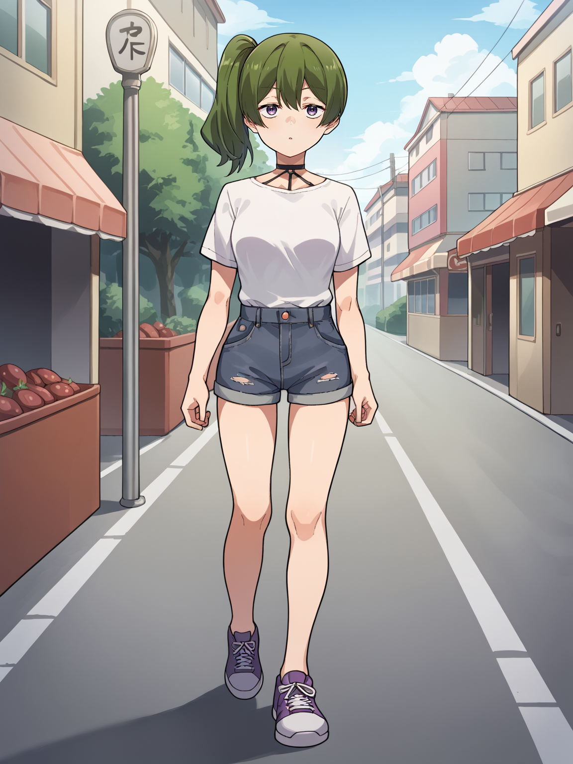 score_9, score_8_up, score_7_up, score_6_up, score_5_up, score_4_up, BREAK, source_cartoon, source_anime,
1girl, ubel walking in the street, green hair, side ponytail, purple eyes, chocker, white shirt, denim shorts, sneakers,
solo, full body, looking at viewer, street background  <lora:UbelXL:1>