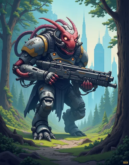<lora:ck-FantasticalCreatures:1>, ck-fntstcl, a fantastical alien creature in a forest environment, heavily armed, skyline in background, scifi, cyberpunk, <lora:CPA:0.7>