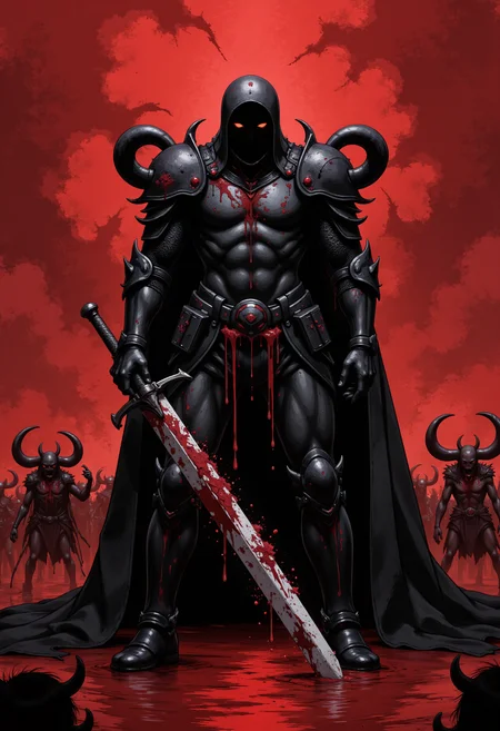 inred_style grimdark fantasy illustration of a fully armored knight with a large greatsword made of blood in one hand. The knight's armor is intricately detailed and made from a black material, covered in occult symbols and runic script and his pauldrons are huge demon skulls with horns. He is surrounded by an army of demonic creatures attacking. Red mist permeates the air and the light is ominously fateful. Dynamic and dramatic depiction of an epic battle scene. <lora:flux\flux_inred_style_v1>