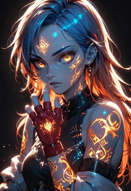 <lora:Style\glowneon_xl_v1:1.0> <lora:SelectiveColoringStyle:0.15> <lora:Concept\g1owingtatt00:1.0>, score_9,score_8_up,score_7_up,score_6_up,score_5_up, 1girl, orange hair, blue inner hair, golden eyes, red fingerless gloves, (black background, monochrome, spot color, selective coloring, grayscale skin), glowing tattoo, (luminous), glowneon