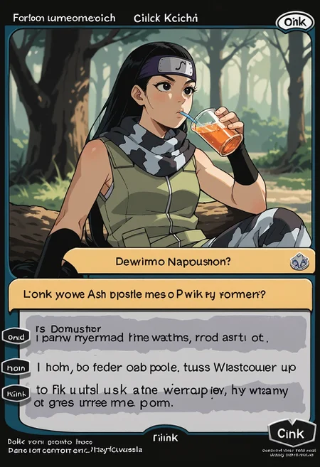 c4rd,english text,character name,
1girl,
forest, sitting, leaning back, tree, drinking,
kin tsuchi, black hair, low-tied long hair, black eyes, forehead protector, hair bow, green vest, grey scarf, arm warmers, camouflage pants
,score_9,score_8_up,score_7_up, source_anime,
 <lora:MTG_card_v2:1>  <lora:Kin tsuchi 8:1>