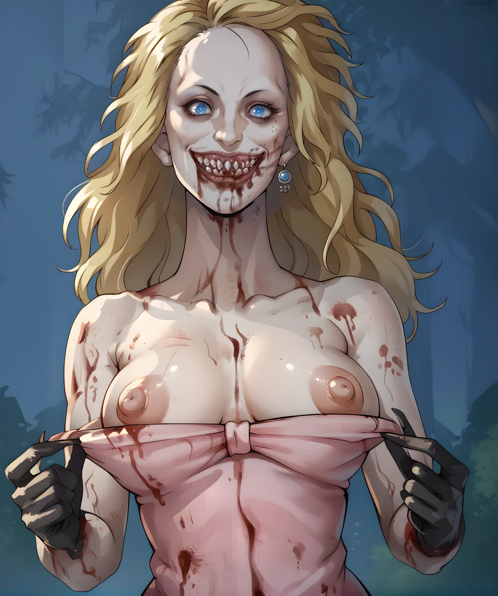 score_9, score_8_up, score_7_up, score_6_up, score_5_up, score_4_up,
theartisttixl, blue eyes, blonde hair, small pupils, red lipstick, single earring,
pink dress, sleeveless, veins, seductive smile, teeth, strapless,
black hands, shirt pull down, puffy nipples, flashing breasts, from below,
upper body, looking at viewer, shadow, blood on clothes,
night, forest, <lora:theArtistTIxl>,
