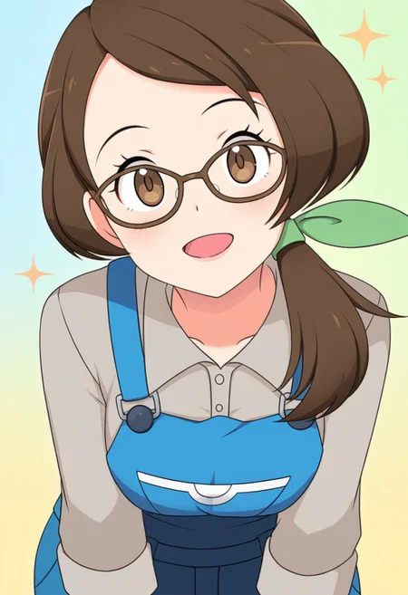 2d, masterpiece, best quality, amazing quality, 1girl, solo, close-up, standing, smile, upper body, leaning_forward, looking at viewer, multicolored background, sparkle, gradient background, colorful background, green background, blue background, galarmom, mature female, brown eyes, brown hair, long hair, low ponytail, hair ribbon, green ribbon, glasses, brown-framed eyewear, collared shirt, grey shirt, three-quarter sleeves, sleeves rolled up, blue overalls, blue pants