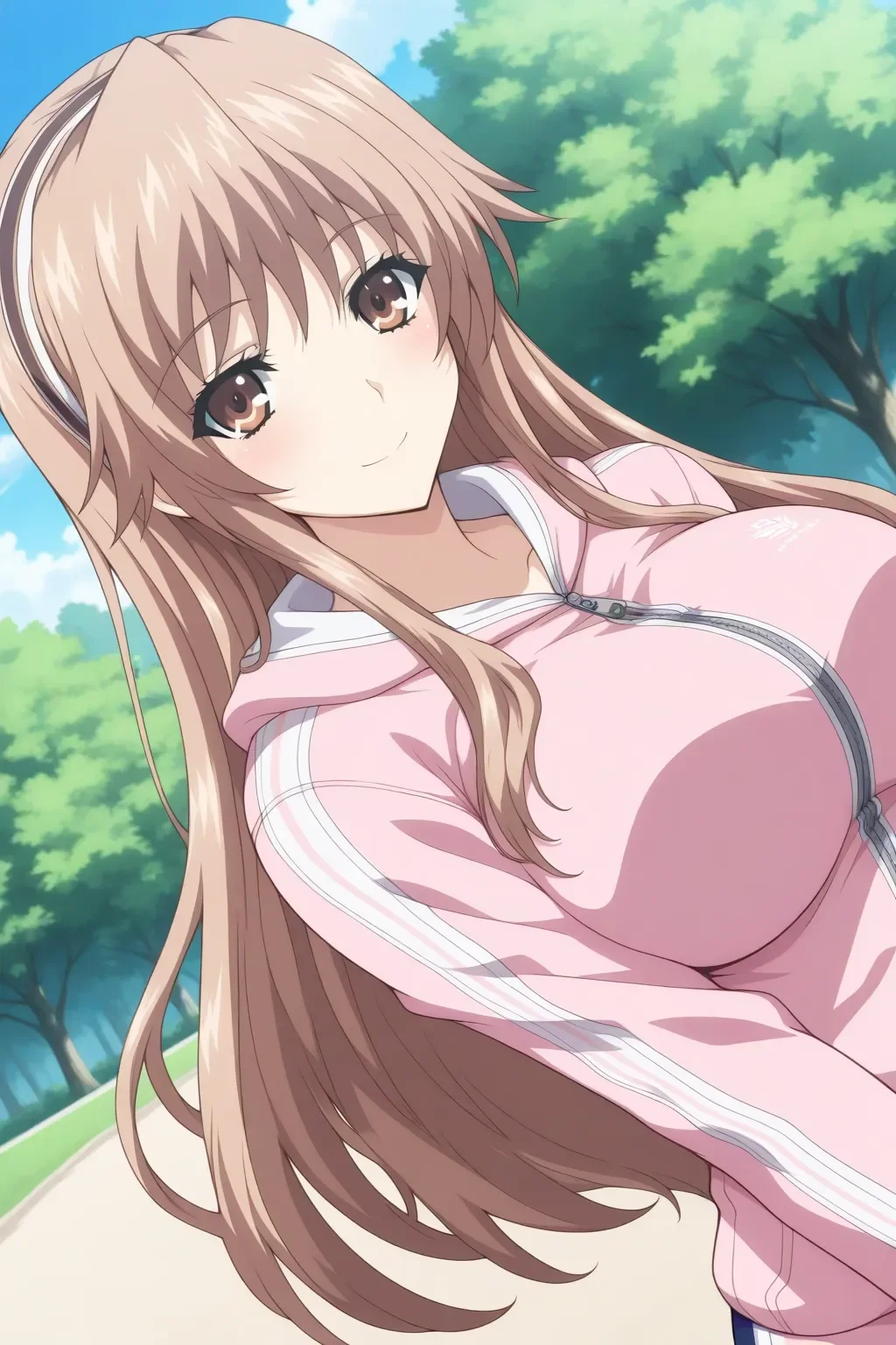 masterpiece, best quality, lovelycationani_tsukioka_misasa_ilxl, 1girl, solo <lora:lovelycationani_tsukioka_misasa_ilxl:1> pink hoodie tracksuit, smile, outdoor, dutch angle, looking at viewer, upper body, general