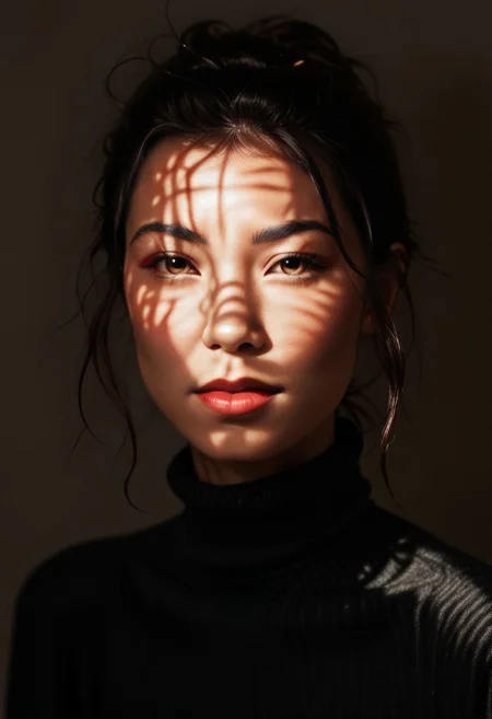 score_9, score_8_up, score_7_up, score_6_up, photorealistic, DRKDL, dramatic lighting, low key,  dark theme, spot color, shadows,
BREAK 
<('karen': ('Pretty Face'+'Manic Pixie'+'asian features'+'red lips',
'looking at viewer'+'black turtleneck'))>,