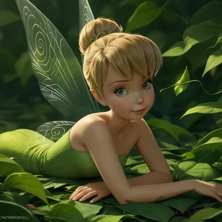 score_9, score_8_up, score_7_up, score_6_up, score_5_up, score_4_up, Tinkerbell, fairy, fairy wings, laying on stomach, facing viewer, covered in leaves