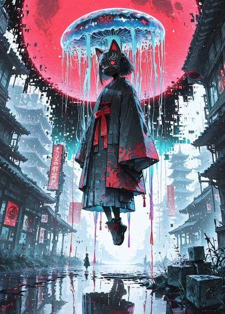 masterpiece,  best quality, good quality, very awa,  very aesthetic, absurdres, newest, 8k, HDR, A surreal dystopian city floats in fragmented chunks of architecture, suspended in mid-air. A young woman levitates above the void, wearing a cyberpunk kimono with iridescent threads, black neko mask. Her pixelated, glitched face smirks subtly. Floating jellyfish drift nearby, shattered mirrors reflect distorted selves. Red sun looms. RGB chromatic glitch effects, wide cinematic frame
 15546+456868, r17329_illu,