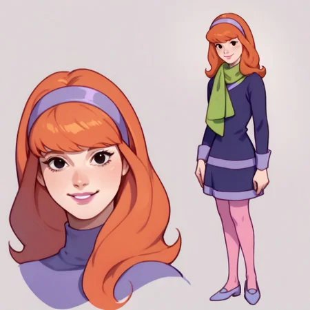score_9, score_8_up, score_7_up BREAK DaphneCl, 1girl, orange hair, black eyes, pink lipstick, lavender headband, green scarf, long-sleeved purple lavender shirt, lavender cuffs, purple skirt, lavender hemline, pink tights, purple shoes, smiling at viewer, full body,
