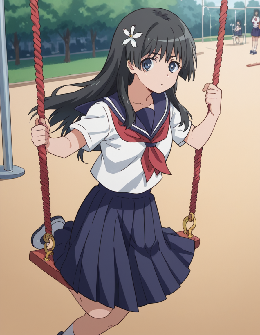 score_9, score_8_up, score_7_up, source_anime, <lora:saten-ruiko-s3-ponyxl-lora-nochekaiser:1>, saten ruiko, black hair, blue eyes, long hair, hair ornament, flower ornament,, blue skirt, pleated skirt, sakugawa school uniform, school uniform, serafuku, skirt, summer uniform,, public park, playground, swing set, laughter, sunny day, , looking at viewer, hand on waist, elbow up, foot on tiptoe, solo,, cowboy shot, dutch angle