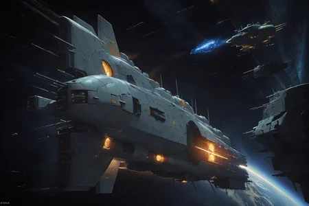 best quality,masterpiece,highly detailed,ultra-detailed,
(logh spacecraft, space_battleship look like Crossbow science fiction , scifi :1.1) in orbit earth \(planet\), starry sky, nebula, beam,laser,glowing engin,
<lora:LOGH_FPA_V02:0.75>
