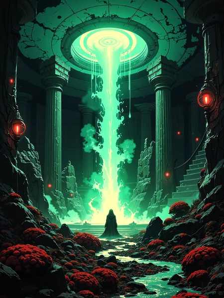 famous artwork, sci-fi, painting, highly aesthetic, hyper-realistic, photo-realistic, ultra detailed, high resolution, uhd, 8k, 4k, epic, dramatic, accurate, dynamic composition, at night, dim lighting, conjurers of evil times, we can sense the danger, they claim every soul, show you who's the leader, bow before iconoclasts, creators of disaster, they play with stars and sulphur just for heaven's sake, to them, we're a fantasy to see who's first to break, when good and evil go to war, we leave it up to fate, since time began they fought for man, incurring love and hate, the serpent and the king, ancient temple, madness inducing sigil, twilight horror, eldritch dreamscape, sanity-draining whispers, a thousand eyes, eldritch vapors, the color palette is predominantly anthrazit grey and mint green and deep blue and scarlet, lovecraftian, cthulhu mythos, ovg, arsmoviestill, 80s fantasy movie still, r3alisticf, <lora:style-skooldaze_fantasy_portrait-flux-by_skylar1023:0.56> <lora:style-80s_fantasy_movie-v3-flux-by_arsmachina:0.84> <lora:mythic_fantasy-realistic-flux-by_velvets:0.76>