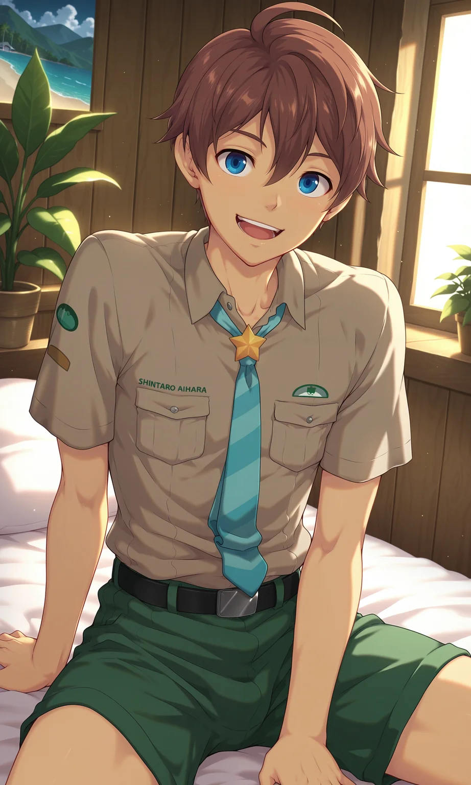 1boy, male focus, slim, Seto, solo, male focus, open mouth, looking at viewer, smile, teeth, blue eyes, brown hair, brown-grey shirt, black belt, green shorts, blue necktie, star \(symbol\), short sleeves, shaded, sitting, on bed, cabin, single bed, indoors plants, indoors, (masterpiece:1.35), (very aesthetic, best quality:1.3), detailed shading, detailed skin, realistic shading, highly detailed, intricate details, masterful composition, cinematic lighting, close-up, <lora:Seto_XL_V10_ILL:1.1>