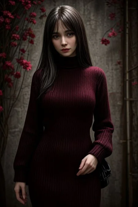 Hypersexual, hyper pretty woman, woman is 30 years old, milf, flowers in hair, wear long closed knitting dress, red dress, (red openwork knitting eyes mask:0.2), medium breast, hyper realistic,