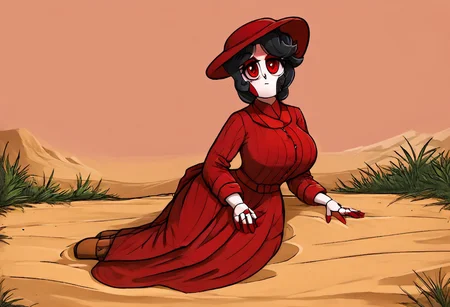 score_9, score_8_up, score_7_up, BREAK, ais-cowboyz, solo, eyelashes, cute, 1girl, looking at viewer, Aria, red eyes, black hair, hat, source_cartoon, large breasts, bright colors, 1880_dr3ss, full body image, red rock, mojave, desert landscape, desert grass