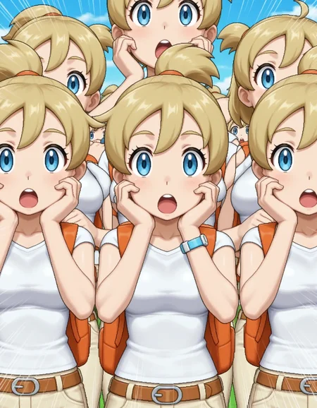 3girls,masterpiece,best quality,anime screencap,pokemon,
<lora:backpackerBW_pokemon_v1_IL:0.8>,backpackerBW,blue eyes,blonde hair,bangs,white shirt,beige pants,brown belt,hair between eyes,short sleeves,short ponytail,high ponytail,orange backpack,breasts,topknot,tareme,upper teeth only,light blue z-ring,
open mouth,<lora:dmd2_sdxl_4step:1>,day, open mouth,surprised,(emphasis lines:1.2),hands on own cheeks,:o, wide-eyed, upper body, multiple girls, looking at viewer, straight-on, surreal,clone,close-up,