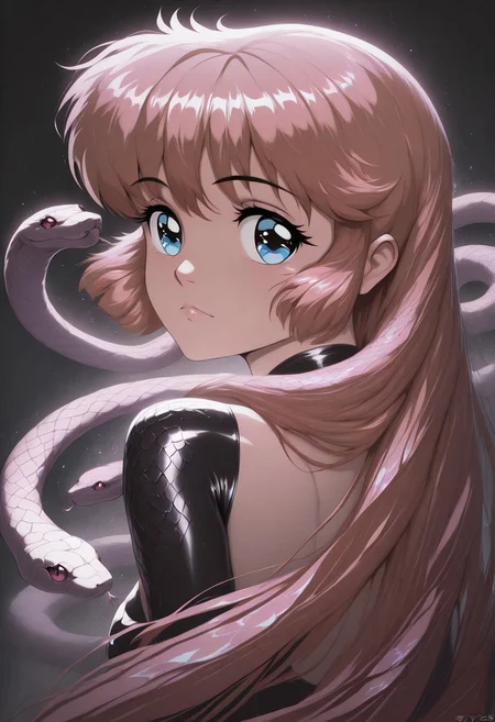 masterpiece, best quality, amazing quality, very aesthetic, absurdres, newest, amazing detail, intricate detail, meimi, snake, snake_hair, snksymbss, style overlay, backlight, glossy glitter lips, snake scales, detailed eyes, eyelashes,
