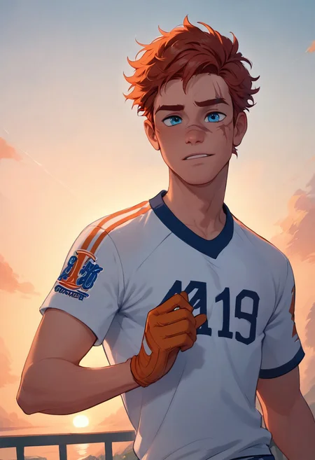 Gay, score_9,score_8_up,score_7_up, yaoi, 1boy, ((1boys, solo, slender, auburn fluffy hair, blue eyes, scar on face, cheekbones, handsome, orange lacrosse jersey, lacrosse gloves, sunset)) ) male focus, BREAK