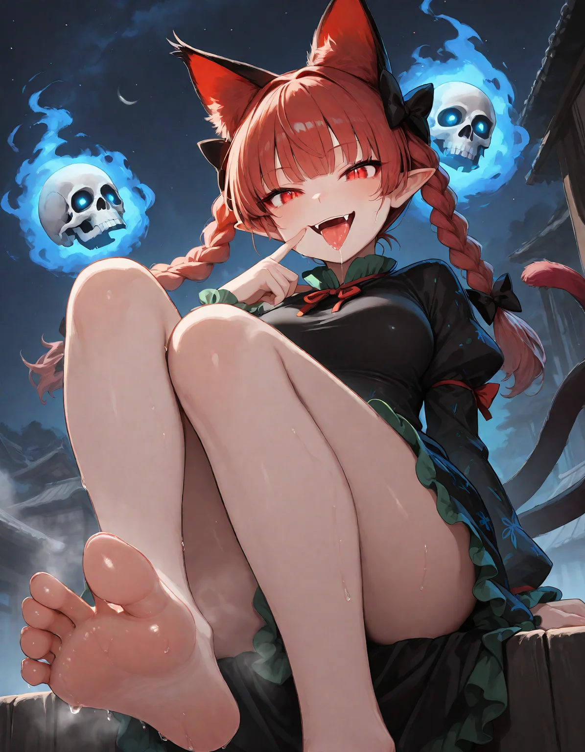 munakata_(sekimizu_kazuki), hamada_yoshikazu,negative space, cinematic shot, masterpiece, highres, absurdres, newest,  wide shot, ,slimes_skullwm,made of skulls,kaenbyou_rin, touhou, 1girl, pink_hair, red_eyes, solo,animal_ears ,black_bow, black_dress , braid,breasts, cat_ears , dress,extra_ears, fang ,frilled_dress ,frills, hair_bow ,large_breasts ,long_eyelashes  ,long_sleeves ,looking_at_viewer ,multiple_hair_bows, pointy_ears ,red_bow , red_hair, slit_pupils, smil,tight_clothes ,tight_dress, twin_braids ,fang, crazy_eyes ,seductive smile, steaming body, in heat, sweaty, tongue, tongue_out , saliva,saliva_trail ,saliva_drip ,open mouth, surround by skull, feet, feet focus,from_below , sitting, leg up, feet up, night sky,finger_to_cheek,
<lora:SlimesSkullWM:1> <lora:ponyv5_noobE11_1_adamW:0.7> <lora:illustrious_noobai_epsilon_pred_11_very_aesthetic_v1:0.7> , <lora:kaenbyou_rin_image6792_2023-12-20:0.6>