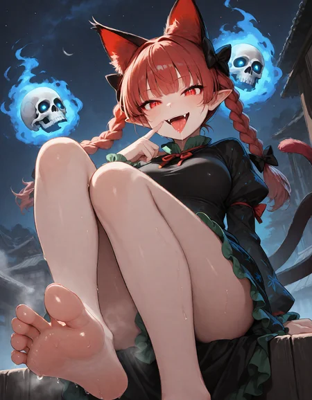 munakata_(sekimizu_kazuki), hamada_yoshikazu,negative space, cinematic shot, masterpiece, highres, absurdres, newest, wide shot, ,slimes_skullwm,made of skulls,kaenbyou_rin, touhou, 1girl, pink_hair, red_eyes, solo,animal_ears ,black_bow, black_dress , braid,breasts, cat_ears , dress,extra_ears, fang ,frilled_dress ,frills, hair_bow ,large_breasts ,long_eyelashes ,long_sleeves ,looking_at_viewer ,multiple_hair_bows, pointy_ears ,red_bow , red_hair, slit_pupils, smil,tight_clothes ,tight_dress, twin_braids ,fang, crazy_eyes ,seductive smile, steaming body, in heat, sweaty, tongue, tongue_out , saliva,saliva_trail ,saliva_drip ,open mouth, surround by skull, feet, feet focus,from_below , sitting, leg up, feet up, night sky,finger_to_cheek,
<lora:SlimesSkullWM:1> <lora:ponyv5_noobE11_1_adamW:0.7> <lora:illustrious_noobai_epsilon_pred_11_very_aesthetic_v1:0.7> , <lora:kaenbyou_rin_image6792_2023-12-20:0.6>