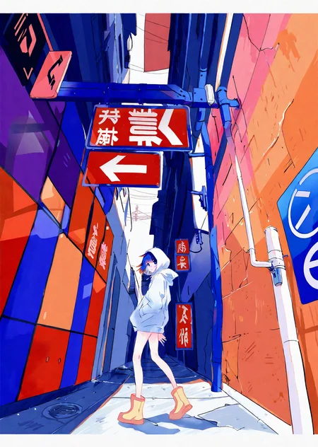 a woman with medium-length colorful hair wearing hoodie walking under a broken sign in an alleyway
anime
dramatic lighting
gradient
pixiv request, pixiv fantasia, pixiv sample,
by ajimita,
best quality,