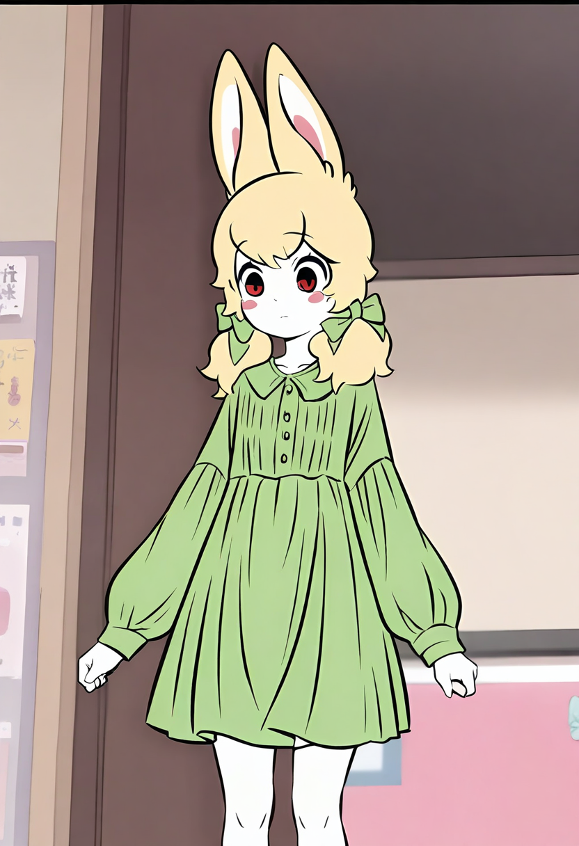 <lora:xiaoyu:1>,xiaoyu,1girl,solo,furry female,black eyes,red eyes,blonde hair,twintails,hair bow,animal ears,white skin,
green dress,dress,long sleeves,green bow,, masterpiece,best quality,amazing quality,absurdres, anime screenshot,