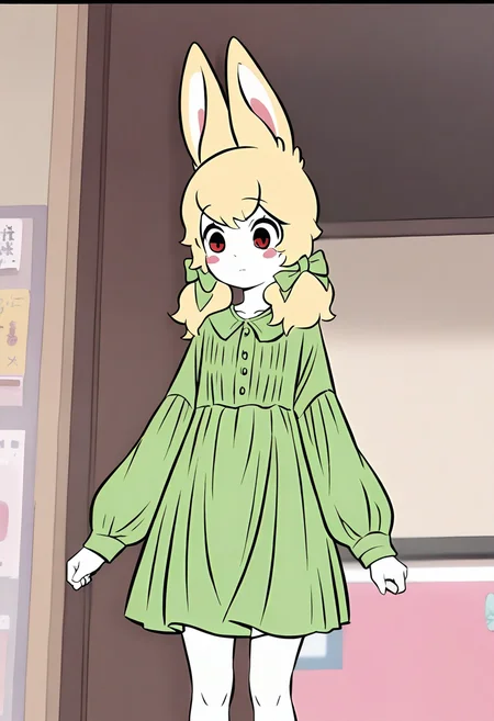 <lora:xiaoyu:1>,xiaoyu,1girl,solo,furry female,black eyes,red eyes,blonde hair,twintails,hair bow,animal ears,white skin,
green dress,dress,long sleeves,green bow,, masterpiece,best quality,amazing quality,absurdres, anime screenshot,