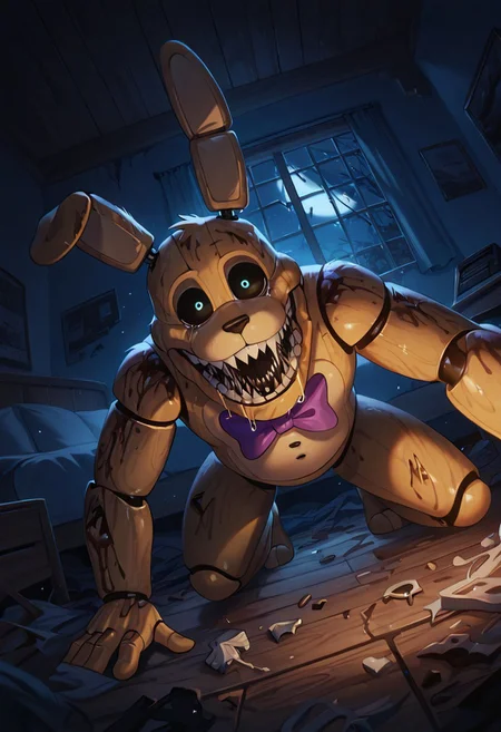 masterpiece, best quality, amazing quality, very aesthetic, absurdres, newest, detailed background, foreground blur, (( )),
springbon, teeth, rabbit ears, purple bowtie, sharp teeth, animatronic, robot joints,, 1boy, smile, big head, big mouth, wide head, wide face, drooling,, 
matte skin, black sclera, furry skin, fabric skin, in bedroom, dynamic angle, messy room, window, night time, dark room, wooden floors, broken toys, cupboards, looking at viewer,