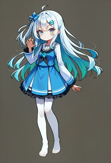 score_9, source_anime, score_8_up, score_7_up,
simple background,white background,<lora:madobev1-000040:0.7> madobev1,full body,standing, claw pose,cyan hair,multicolored eyes, one side up, white_pantyhose,barefoot,no shoes, serafuku, hair ornament, hair bow,black neckerchief,white frills,