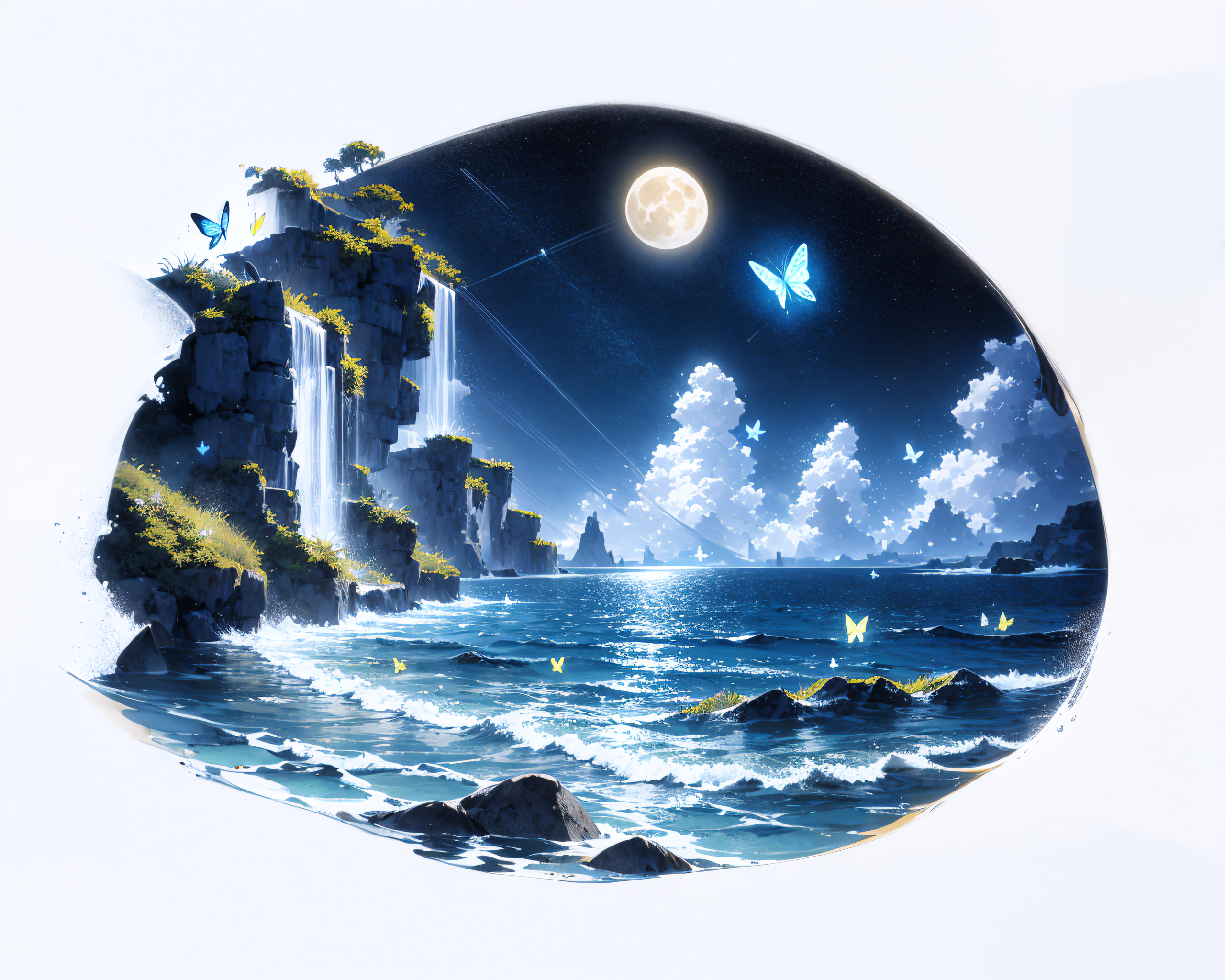 [(white background:1.5),::5] hexagon, island, ocean, sea waves, water splashes, sky, detailed moon, light particles, butterflies, night, starry sky, <lora:adaptedmodel:1> <lora:lihui4JXK-b2-bf16-128-128-1-re3-ep1-768-DA-5015fix:1.0>