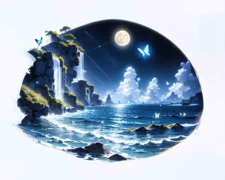 [(white background:1.5),::5] hexagon, island, ocean, sea waves, water splashes, sky, detailed moon, light particles, butterflies, night, starry sky, <lora:adaptedmodel:1> <lora:lihui4JXK-b2-bf16-128-128-1-re3-ep1-768-DA-5015fix:1.0>