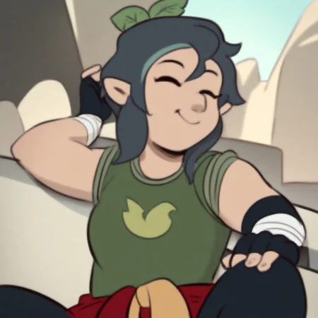 score_9, score_8_up, score_7_up, score_6_up, score_5_up, score_4_up, masterpiece, high quality, detailed, best quality, solo, 1girl, Pandora, plus-sized, muscular, pale skin, pointy ears, green hair, plant on head, Shirt around waist, bandage on left wrist, black fingerless gloves, green tank top, black pants,