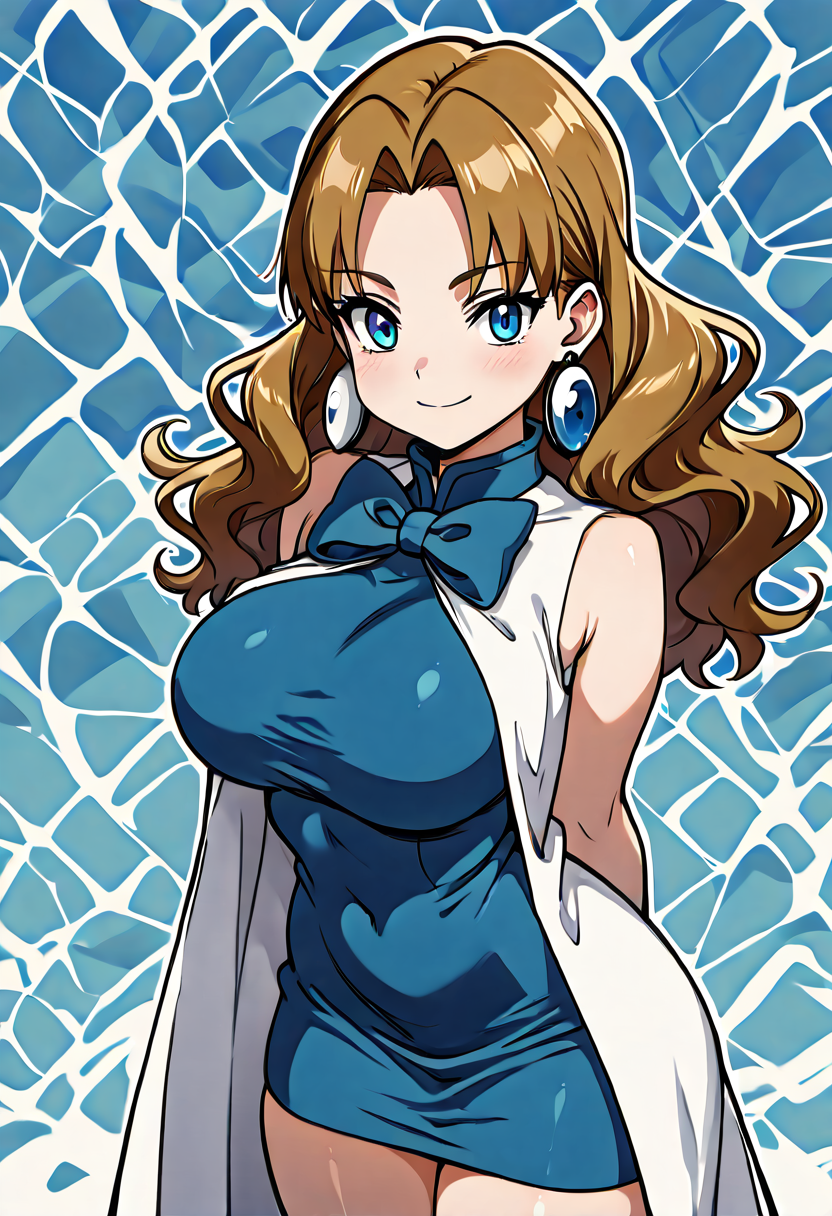 masterpiece, best quality, solo, curvy, beautiful eyes, narrow waist, wide hips, 1girl, solo, smile, looking at viewer, dynamic angle, foreshortening, close up,    zzMolly, molly hale, blue eyes, brown hair, parted bangs, long hair, blue dress, jewelry, earrings, blue bowtie, sleeveless, blue bow, white coat, abstract blue crystal background,    ,<lora:MollyHalePokemonIXL:1.0>, <lora:ZankuroStyle_NAI:0.7>,  hands behind back, chest forward, cowboy shot, smile, looking at viewer,