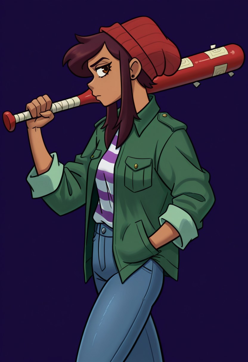 masterpiece, best quality, highres, spacechoochoo, BREAK, 1girl, solo, betaluz, dark-skinned female, brown eyes, brown hair, short hair, long bangs, red beanie, green jacket, striped shirt, jeans, looking at viewer, hand in pocket, red baseball bat, holding weapon, over shoulder, walking, cowboy shot, side view, profile