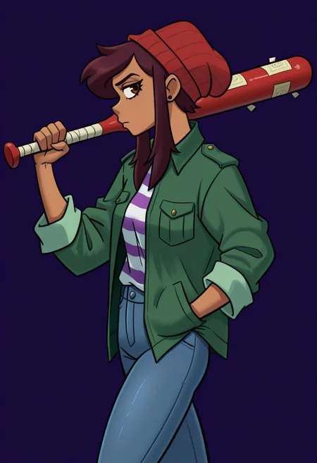 masterpiece, best quality, highres, spacechoochoo, BREAK, 1girl, solo, betaluz, dark-skinned female, brown eyes, brown hair, short hair, long bangs, red beanie, green jacket, striped shirt, jeans, looking at viewer, hand in pocket, red baseball bat, holding weapon, over shoulder, walking, cowboy shot, side view, profile