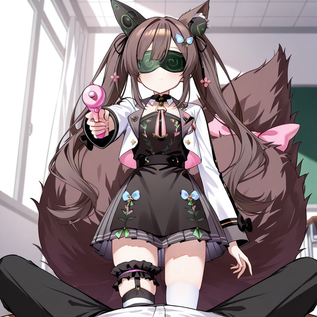 highres, masterpiece, best quality, very aesthetic, absurdres, (1girl),1boy, chigusa hana, virtual youtuber, long hair, brown hair, twintails, animal ears, , hair ornament, cropped jacket, long sleeves, white jacket, collar, flower, black dress, pleated skirt, large tail, bridal garter, striped, single thighhigh, asymmetrical legwear, tail bow empty eyes,  expressionless, school, classroom,  looking at viewer, (memetic_control), pov_sub, (hypnotized_hypnotist),, (hypnotized_dom), (enemy_conversion), resisting, (visor), (covered eyes), hypnotic_screen, tech_control, femdom, stepped_on,male sub, ray gun, aiming_at_viewer, (hypnotic_beam),(etlabsotwe,),
