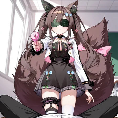 highres, masterpiece, best quality, very aesthetic, absurdres, (1girl),1boy, chigusa hana, virtual youtuber, long hair, brown hair, twintails, animal ears, , hair ornament, cropped jacket, long sleeves, white jacket, collar, flower, black dress, pleated skirt, large tail, bridal garter, striped, single thighhigh, asymmetrical legwear, tail bow empty eyes, expressionless, school, classroom, looking at viewer, (memetic_control), pov_sub, (hypnotized_hypnotist),, (hypnotized_dom), (enemy_conversion), resisting, (visor), (covered eyes), hypnotic_screen, tech_control, femdom, stepped_on,male sub, ray gun, aiming_at_viewer, (hypnotic_beam),(etlabsotwe,),
