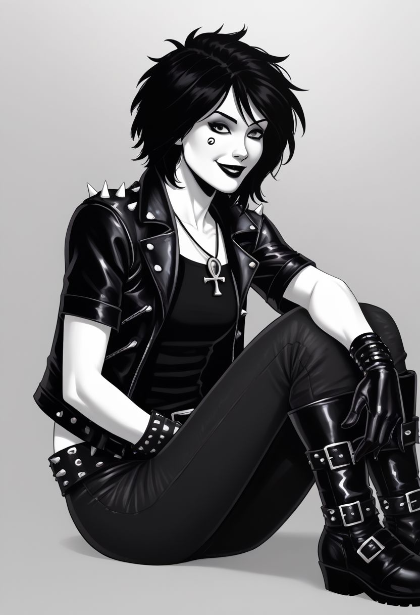 dsk_death, 1girl,  solo, jewelry, gloves, , boots, sitting, makeup, short hair, smile, lipstick, black hair, gothic, jewelry, necklace, ankh necklace, nail polish, leather jacket, black shirt, vest, short sleeves, tattoo, gloves, pants, lipstick, belt, spiked hair, black boots, comic art style, death_of_the_endless\(sandman\), greyscale, monochrome, cinematic angle, cinematic lighting, BREAK zPDXL2 PonyXLV6_Scores