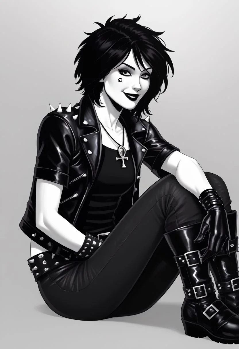 dsk_death, 1girl, solo, jewelry, gloves, , boots, sitting, makeup, short hair, smile, lipstick, black hair, gothic, jewelry, necklace, ankh necklace, nail polish, leather jacket, black shirt, vest, short sleeves, tattoo, gloves, pants, lipstick, belt, spiked hair, black boots, comic art style, death_of_the_endless\(sandman\), greyscale, monochrome, cinematic angle, cinematic lighting, BREAK zPDXL2 PonyXLV6_Scores