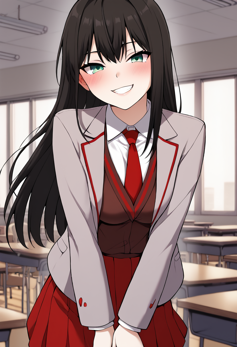Yoo_Na-Ri, black hair, long hair, green eyes, petite body, medium breasts, webtoon, manhwa, school uniform, open jacket, light grey jacket, brown cardigan, white shirts, collared shirt, red necktie, red skirt, BREAK indoors, classroom, BREAK cowboy shot, looking at viewer, standing, blush, front side,flirty face, seductive smile, arms bedhind back, BREAK score_9, score_8_up, score_7_up, source_anime,  <lora:Yoo_Na-Ri:0.8>