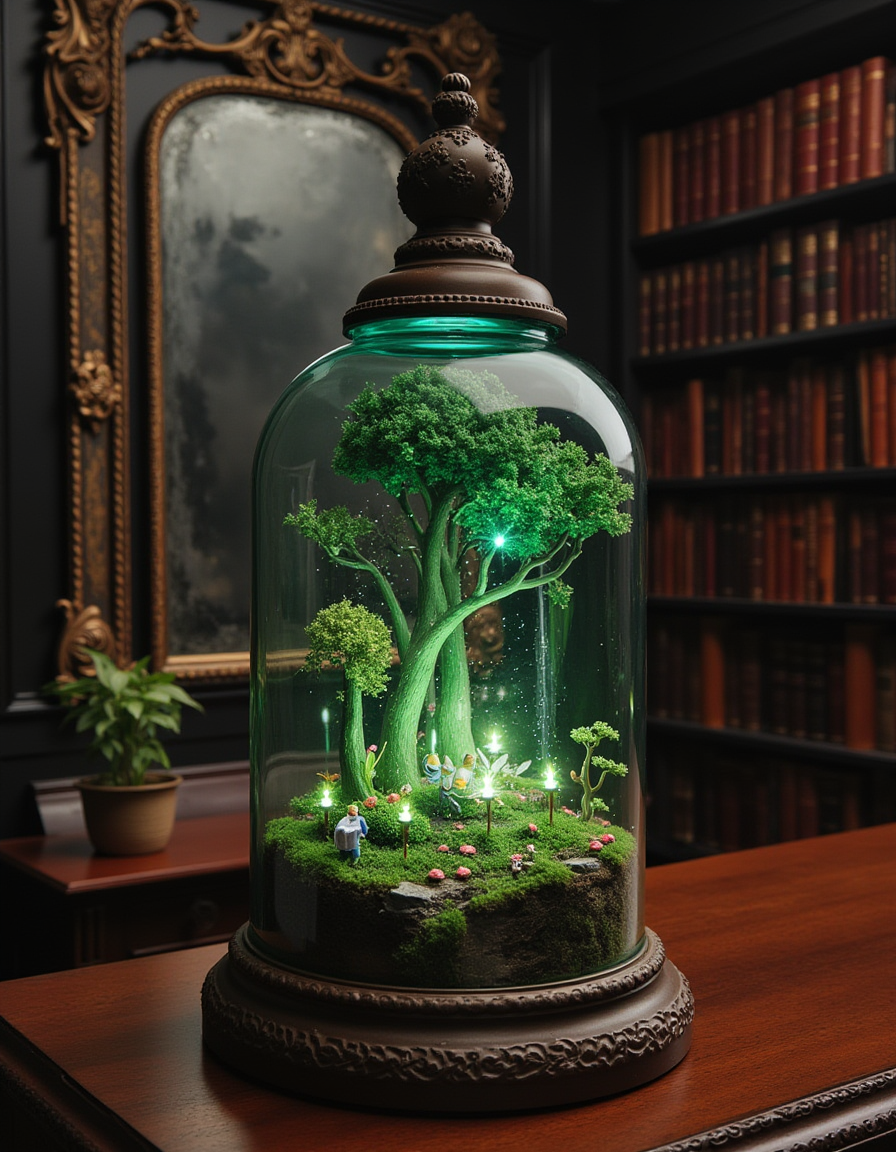 a tiny fairy world with infinitesimal forest and glades and rivers under glass bell jar. A whole society of mini luminescent magical fairies in a jar beautifully detailed and richly complex. Behind the jar is a dark study with handsome wood bookshelves lined with leatherbound books, a potted plant, and an ornately framed baroque mirror with desilvering spots. 