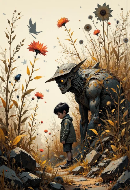 Create a beautifully detailed drawing capturing a fantastical world infused with nostalgia and shadowy intrigue. The style features clean, confident outlines with soft watercolor washes, balancing warmth and accessibility with intricate detail. The palette contrasts muted tones—warm ochres, soft reds, creamy whites—with stark, inky blacks, creating a dramatic interplay of light and shadow that evokes both innocence and mystery. The atmosphere blends vintage children’s book charm with an eerie undertone, as if balanced between reality and a shadowy dreamscape.
Characters should have naturalistic proportions and subtle expressiveness, their features gently exaggerated to reflect curiosity, resilience, or vulnerability. Dynamic shadow puppet figures may emerge in the background, their silhouettes adding to the narrative and reinforcing the duality of light and shadow. The focus will be on a specific subject—In a field of tall, swaying grasses, Henry notices shadow flowers growing beside the real ones, their dark shapes faintly outlined in silver. When the wind blows, the shadows ripple unnaturally, whispering secrets that only the night can hear—carefully integrated into the scene. The composition is grounded yet surreal, seamlessly merging whimsical simplicity with haunting, thought-provoking detail to invite wonder and introspection.