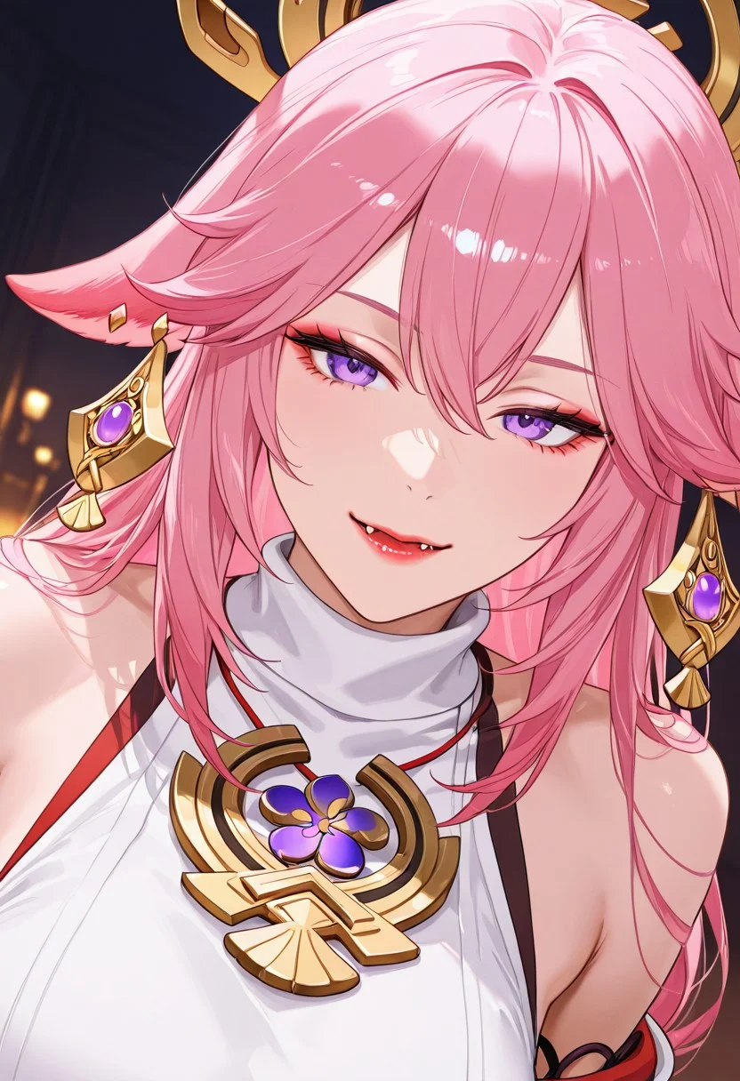(8K resolution, absolute masterpiece, ultra-detailed, best quality, colorful, intricate details, highest detail, dynamic angle, cinematic lighting, photorealistic rendering)
Stunning illustration of Yae Miko (zzYaemiko) in a modern, casual outfit. She has vivid purple eyes, soft pink hair with long, low-tied strands, and delicate hair ornaments. Her fox-like animal ears and Egyptian-style eyeliner add to her alluring presence. Her red lips and sharp fangs give a subtly seductive expression.