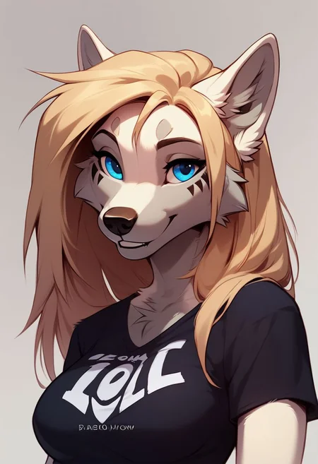 score_9, score_8_up, score_8, 1girl, anthro wolf, blue eyes, blonde hair, medium breasts, smooth, smiling, black t-shirt, highly detailed, perfect, high quality, posing, portrait