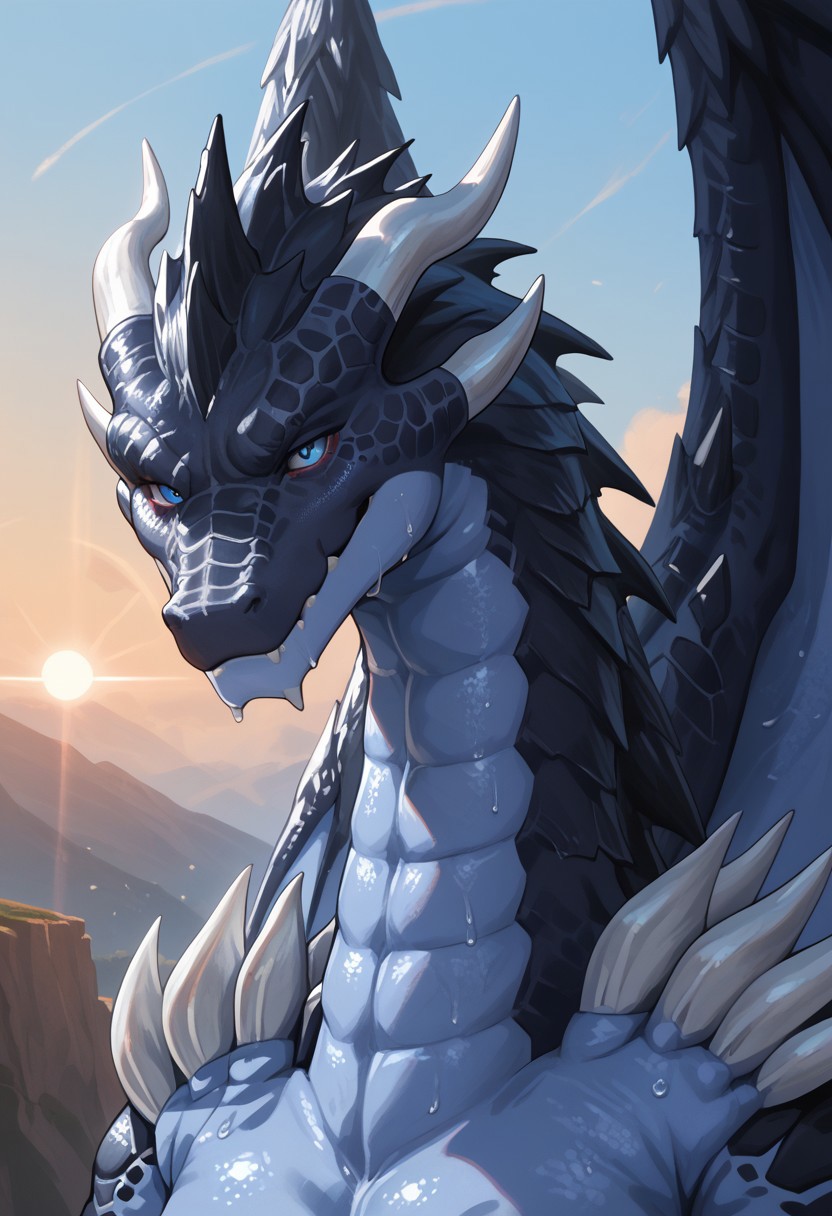 very detailed,  perfect reflections, volumetric, detailed image,score_9, score_8_up, score_7_up, furry, solo,(Veldora,dragon-like creature, no fur, glowing blue eyes, no visible eyebrows, muscular build, large and powerful body, sharp facial features, long snout, spiked jawline, glowing veins on face, large, tattered wings, black and blue scales, shimmering skin texture, sharp claws)masterpiece, detailed face, , Expressiveh,,sexy expression, detailed sweat, sweaty, sexy expression, detailed sweat, close up, side angle, smug,smile,sun background,day,sky,