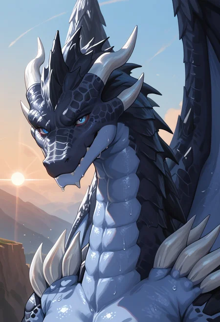 very detailed, perfect reflections, volumetric, detailed image,score_9, score_8_up, score_7_up, furry, solo,(Veldora,dragon-like creature, no fur, glowing blue eyes, no visible eyebrows, muscular build, large and powerful body, sharp facial features, long snout, spiked jawline, glowing veins on face, large, tattered wings, black and blue scales, shimmering skin texture, sharp claws)masterpiece, detailed face, , Expressiveh,,sexy expression, detailed sweat, sweaty, sexy expression, detailed sweat, close up, side angle, smug,smile,sun background,day,sky,