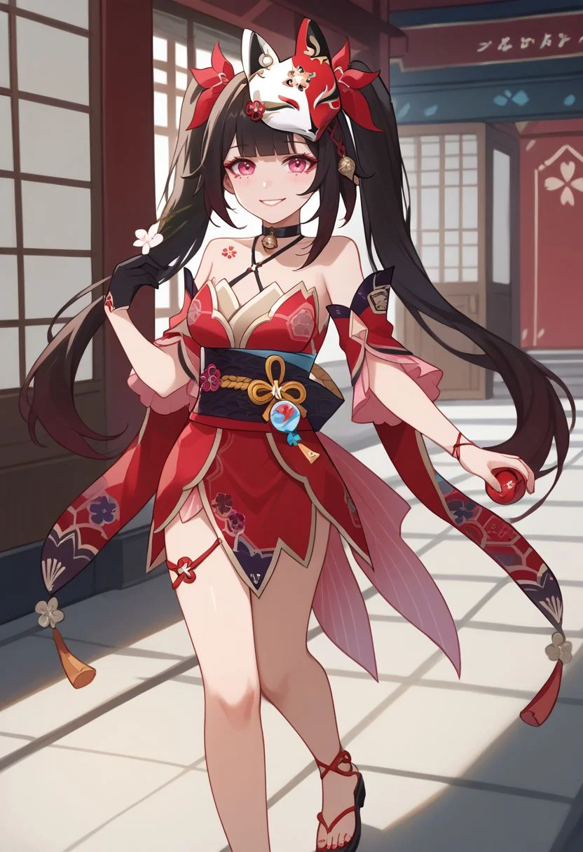 score_9, score_8_up, score_7_up, source_anime, 1girl, sparkledef, pink eyes, long hair, twintails, fox mask, mask on head, bell, black choker, bare shoulders, flower tattoo, criss-cross halter, detached sleeves, red dress, japanese clothes, obi, black sash, black gloves, single glove, thigh strap, sandals, standing, smile, looking at viewer, indoors, shrine, close-up, facing viewer, hand on hip, <lora:Sparkle_v1-000010:1>