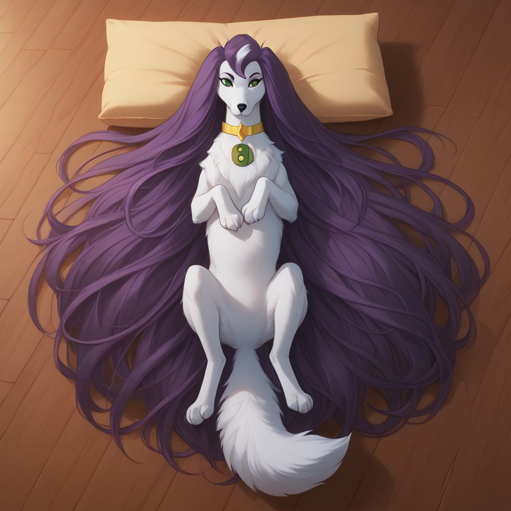score_9_up, score_8_up,score_7_up,brainybarker, solo, 1girl, tail, furry female, furry, animal ears, body fur, top view, looking at viewer, closed mouth, hug-own-tail, canine tail, indoors, floppy ears, laying on back, absurdly long hair, very long hair, floor length hair, purple hair, hair spread out, green eyes, full body, two-tone fur, snout, dog girl