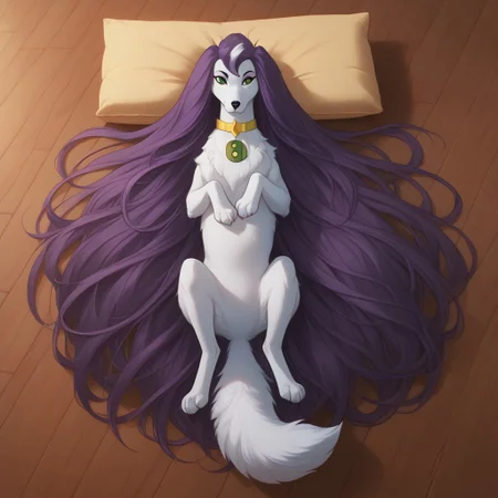 score_9_up, score_8_up,score_7_up,brainybarker, solo, 1girl, tail, furry female, furry, animal ears, body fur, top view, looking at viewer, closed mouth, hug-own-tail, canine tail, indoors, floppy ears, laying on back, absurdly long hair, very long hair, floor length hair, purple hair, hair spread out, green eyes, full body, two-tone fur, snout, dog girl