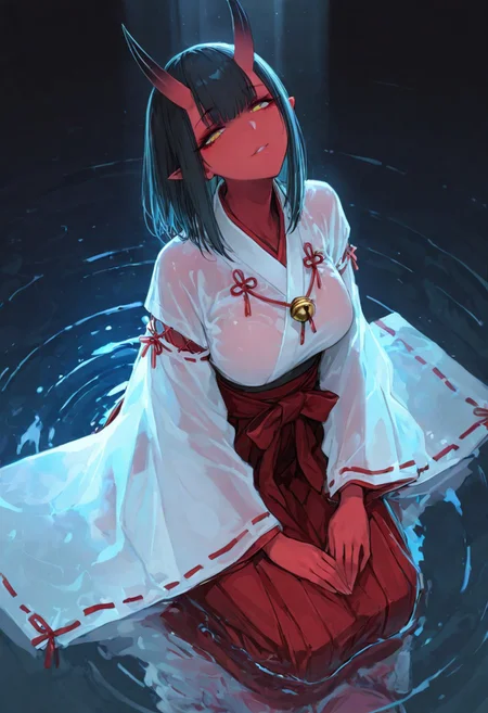 masterpiece, best quality, Good quality, very aesthetic, absurdres, newest,1girl, light rays, looking at viewer, solo,
Cinematic Lighting, gradient color,
BREAK
masterpiece, amazing quality, best quality, ultra-detailed, 8K, illustration, CG, ultra-detailed-eyes, detailed background, eyelashes, erotic, looking seductive, coy. dynamic action image, detailed face, detailed eyes, direct mesmerizing gaze, mature female, medium breast,
BREAK
(sexy, slutty, hot, aroused),
Aka-Oni, oni, colored skin, red skin, smooth horns, black horns,
BREAK
japanese clothes, see-through, wide sleeves, ribbon trim, hakama, jingle bell, ribbon-trimmed sleeves,eyeliner, red hakama, hakama skirt, seiza, jewelry, Girl Focus, sitting, look up,firm look, partially submerged, ripples, reflection, reflective water, reflective floor, shallow water,