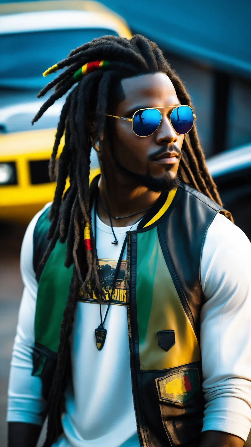 super high res, melhor qualidade, foto, 16k, (fotorrealista: 1.2), cinematic lighthing, Homem do afro americano de 23 anos que usa roupa camuflada do exercito e faz parte de uma equipe chamada os corvos, In addition he wears mirrored sunglasses and also has dreads in his hair (Cyberpunk 2020), photo of a black man with rasta hair, photorealistic
